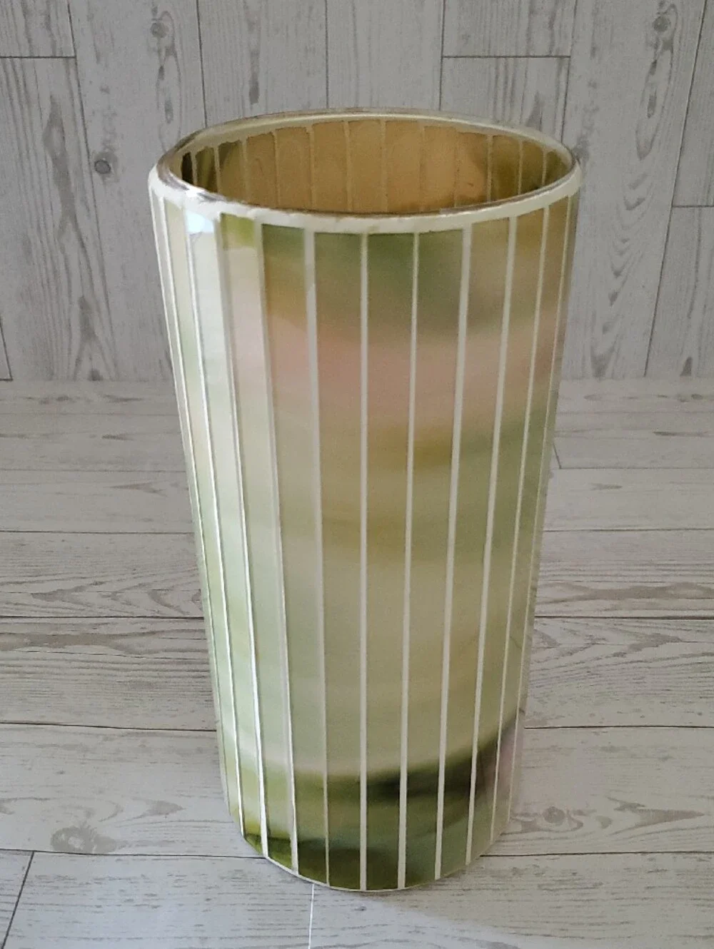 Green & Pink Vertical Striped Glass Vase
